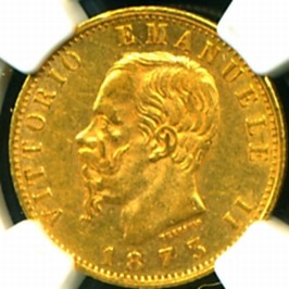 1873 M ITALY GOLD COIN 20 LIRE * NGC * VERY RARE GEM  