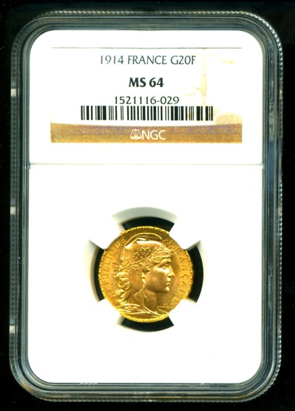 1914 FRENCH ROOSTER GOLD COIN 20 FRANCS * NGC MS 64 TOP  