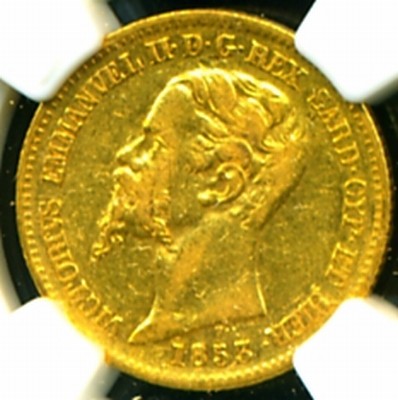 1853 P SARDINIA ITALY GOLD COIN 20 LIRE NGC SCARCE GEM  